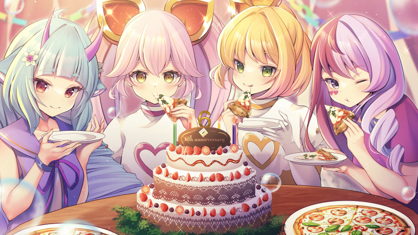 #compass, 4girls, absurdres, animal_ears, anniversary, blonde_hair, blue_hair, blunt_bangs