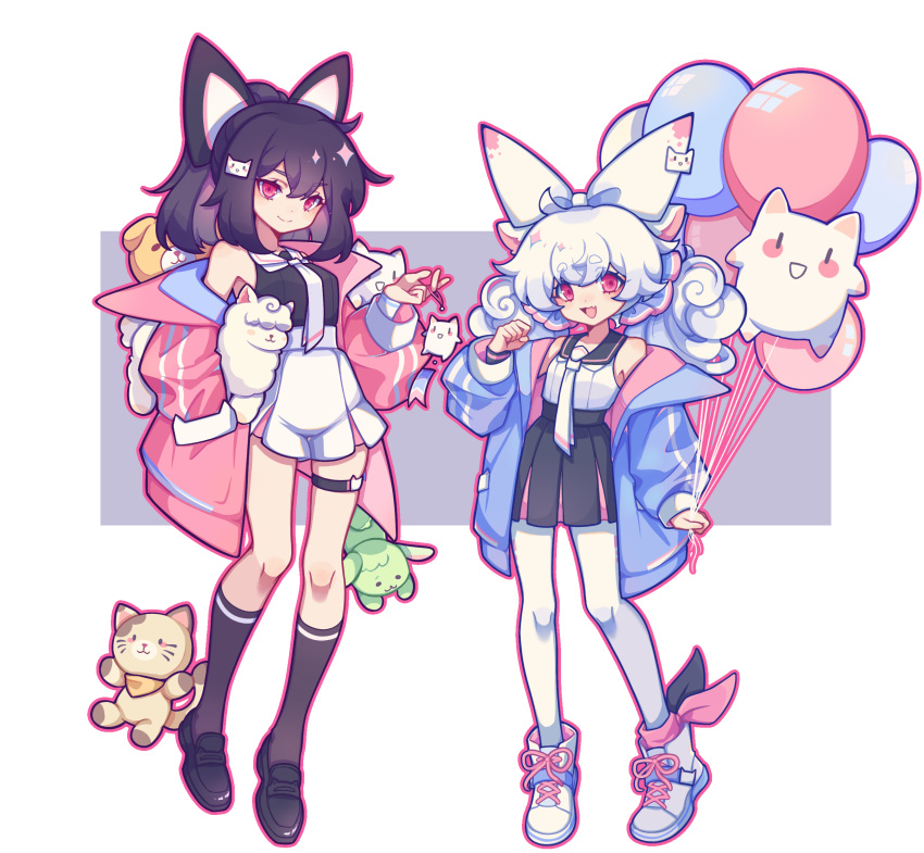 2girls, ahoge, animal_ears, ankle_bow, balloon, bare_shoulders, bcy, black_bow