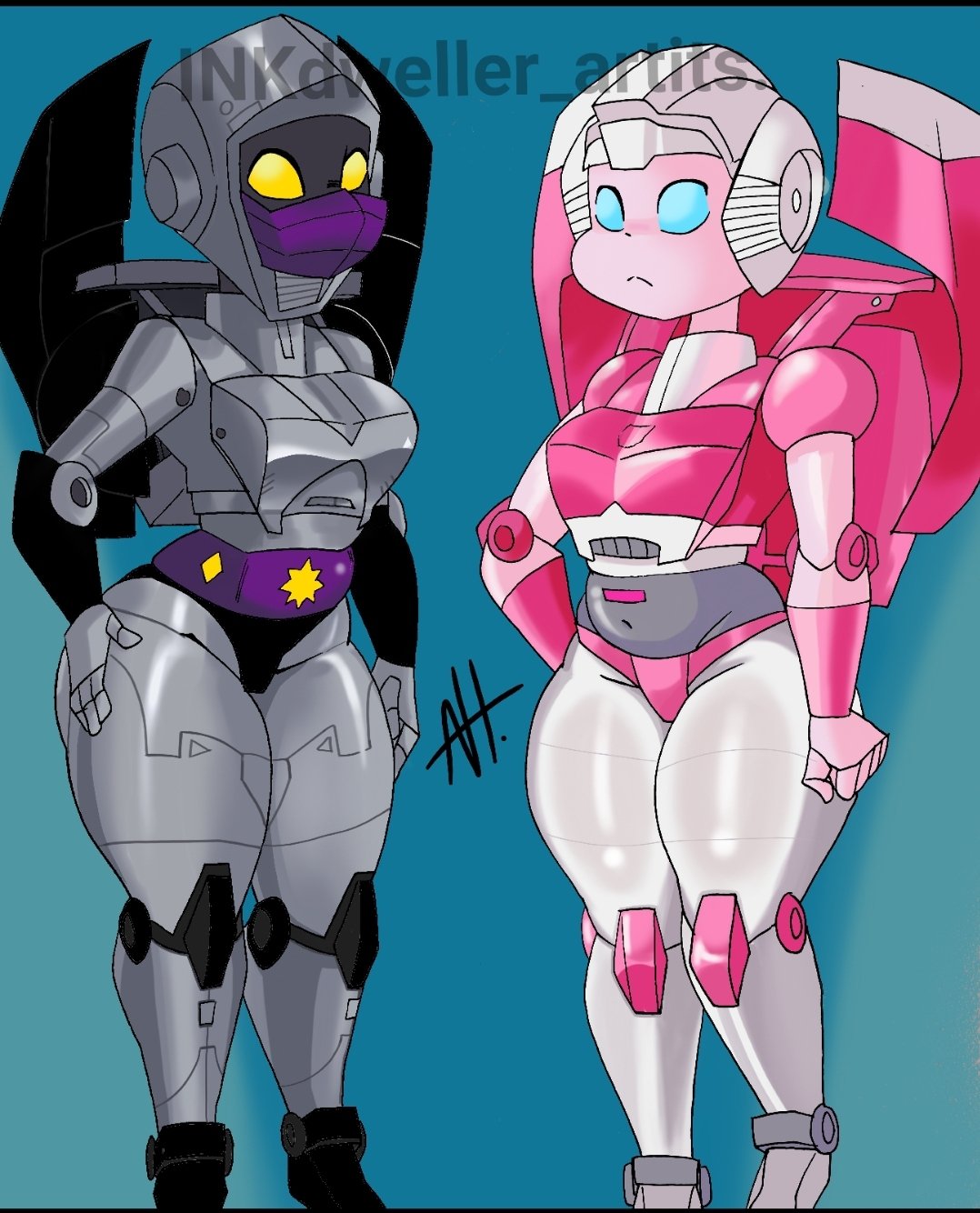 2girls, arcee, backpack, bag, black_panties, blue_background, blue_eyes, breasts