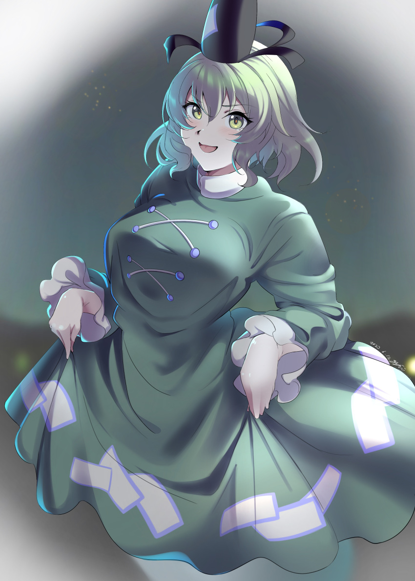 1girl, :d, absurdres, black_background, black_headwear, breasts, commentary, dress