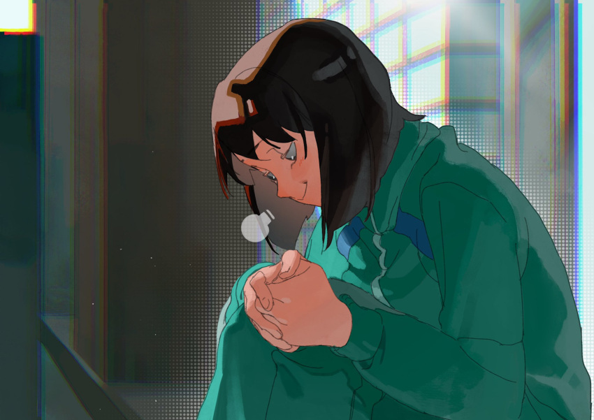 1girl, black_hair, bob_cut, green_jacket, green_pants, green_track_suit, highres, iwakura_mitsumi, jacket, kengyou_lei, looking_down, medium_hair, outdoors, own_hands_clasped, own_hands_together, pants, sigh, sitting, skip_to_loafer, smile, solo, track_jacket, track_pants