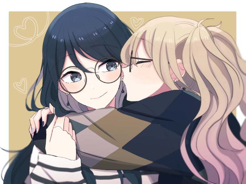 2girls, absurdres, bespectacled, black-framed_eyewear, black_jacket, black_nails, blue_hair, blurry, blush, border, brown_jacket, closed_eyes, closed_mouth, commentary_request, dark_blue_hair, depth_of_field, diamond_(shape), doraimon0312, earrings, facing_another, facing_to_the_side, fingernails, from_side, glasses, gradient_hair, grey_jacket, ground, hand_on_another's_arm, hand_on_another's_shoulder, highres, hoshino_ichika_(project_sekai), hug, imminent_kiss, jacket, jewelry, light_brown_background, light_brown_hair, long_hair, long_sleeves, looking_at_another, multicolored_clothes, multicolored_hair, multicolored_jacket, multiple_girls, nail_polish, outside_border, partial_commentary, pink_hair, project_sekai, round_eyewear, scarf, shared_clothes, shared_scarf, sideways_glance, simple_background, smile, star_(symbol), star_earrings, striped, tenma_saki, twintails, upper_body, white_border, yuri