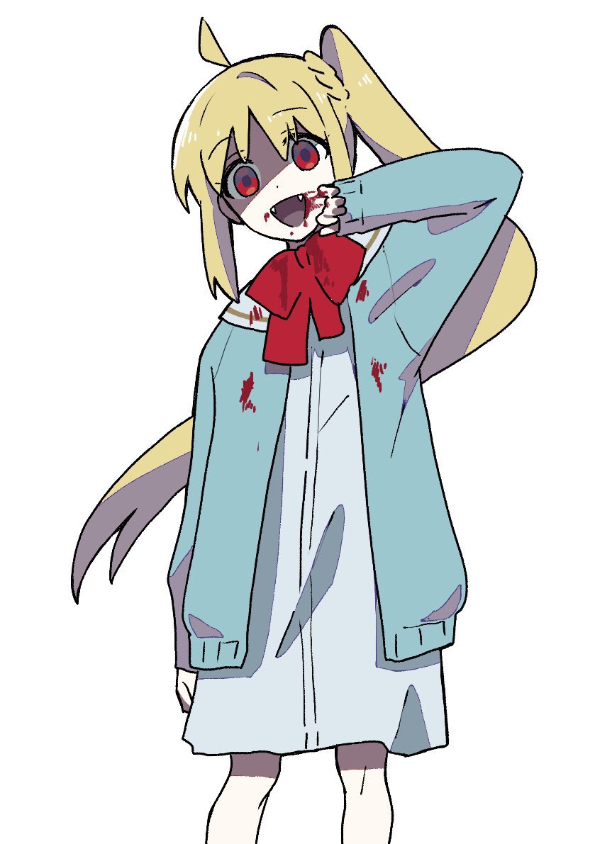 1girl, ahoge, blonde_hair, blood, blood_on_clothes, blood_on_face, blue_cardigan, bocchi_the_rock!