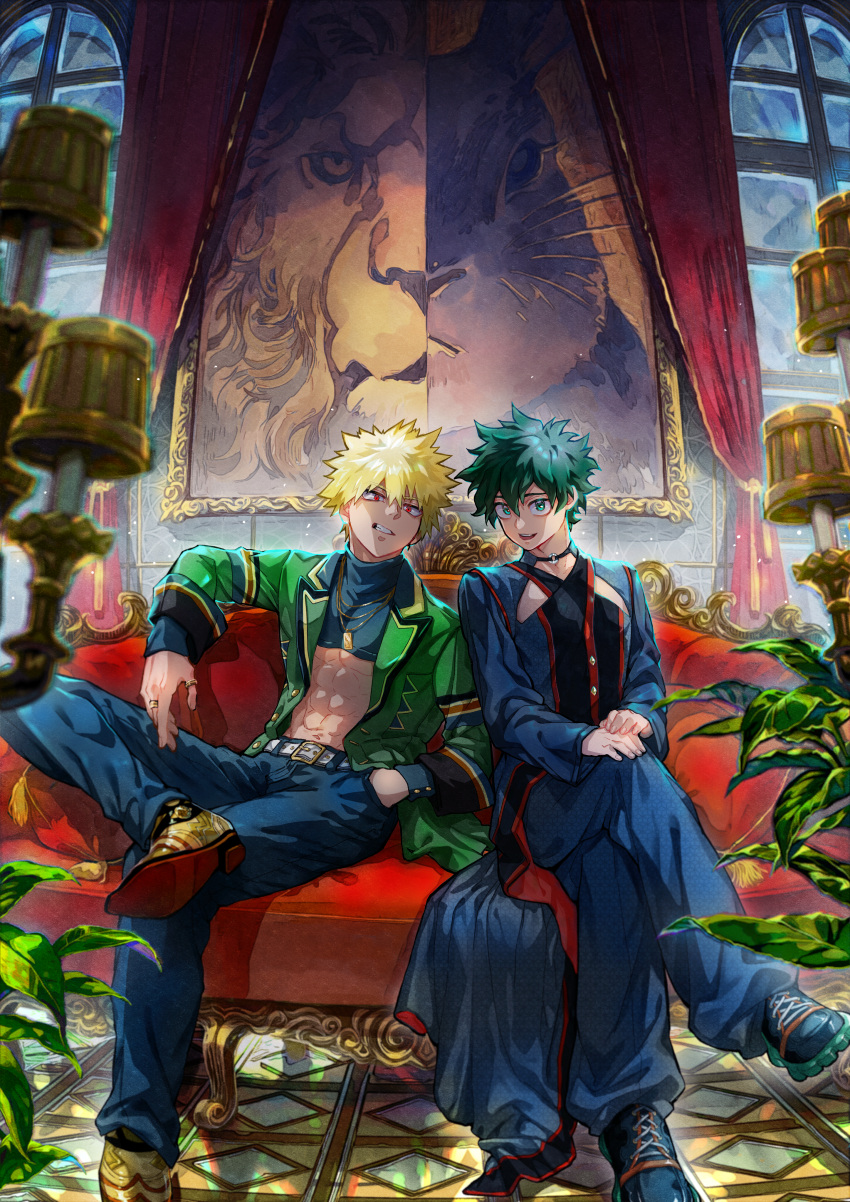 2boys, abs, absurdres, alternate_costume, aqua_eyes, arm_rest, bakugou_katsuki, belt