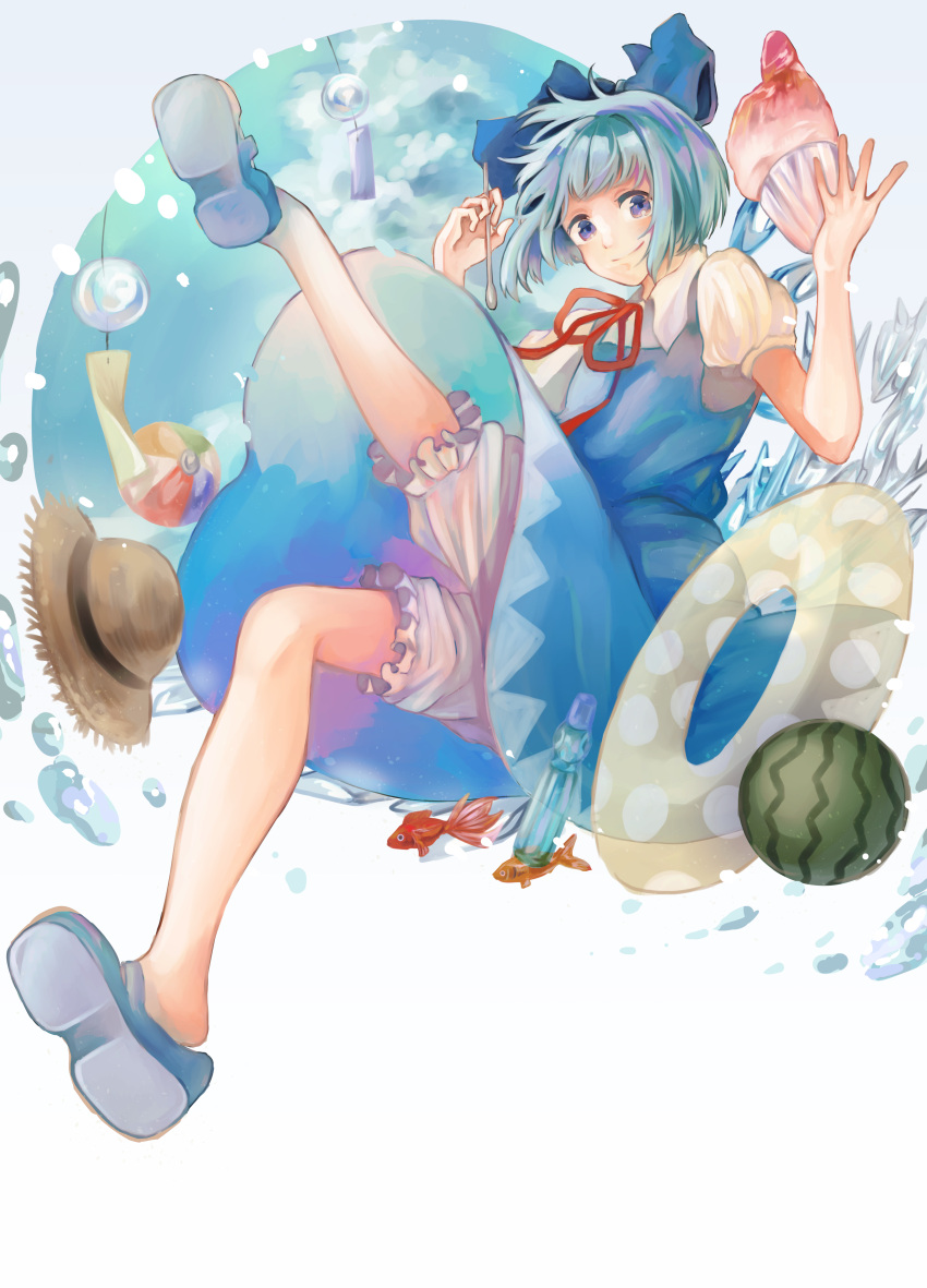 1girl, absurdres, bloomers, blue_bow, blue_dress, blue_footwear, blue_hair, bow