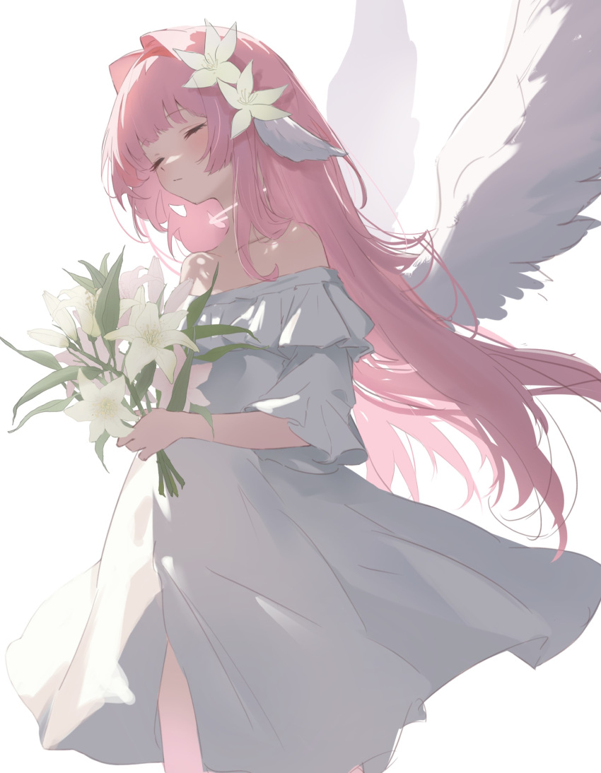 1girl, absurdres, bare_shoulders, blush, closed_eyes, closed_mouth, dress, feathered_wings, flower, hair_flower, hair_ornament, highres, holding, holding_flower, long_hair, miya_takanashi, off-shoulder_dress, off_shoulder, original, pink_hair, simple_background, solo, very_long_hair, white_background, white_dress, white_flower, white_wings, wings