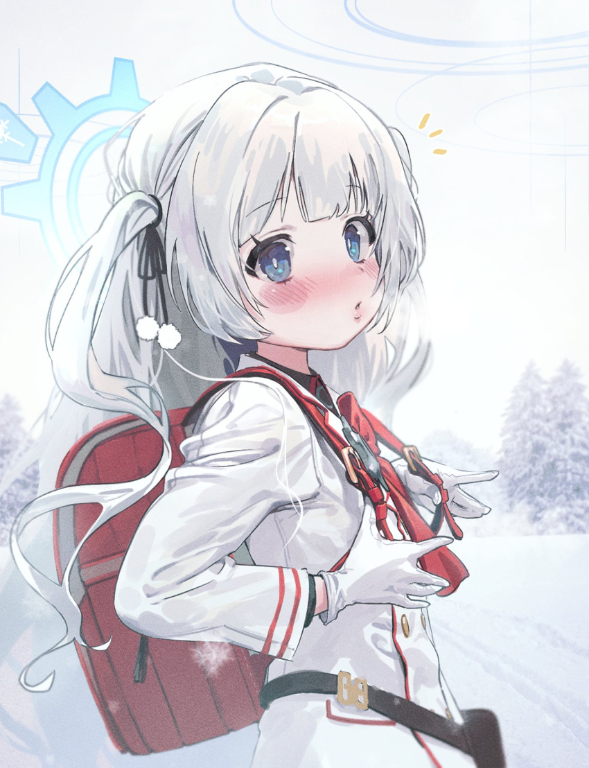 1girl, backpack, bag, black_ribbon, blue_archive, blue_eyes, blush, cherino_(blue_archive)
