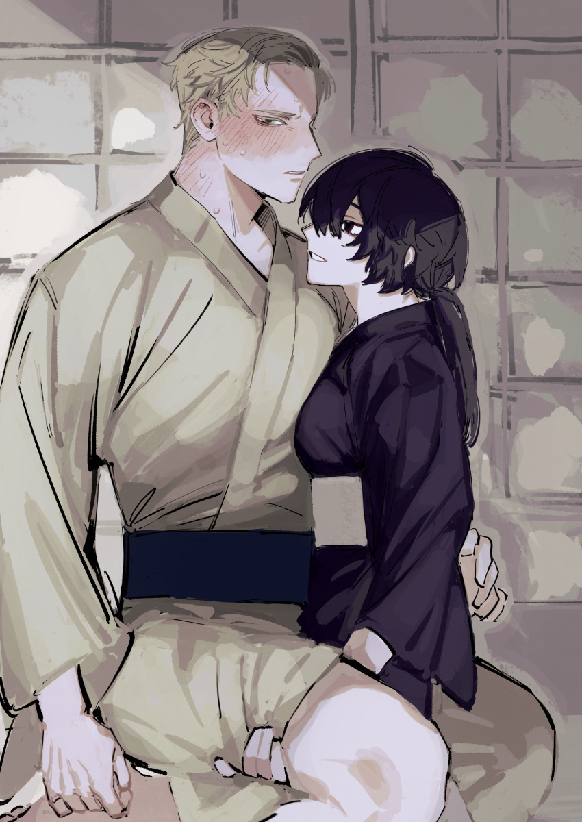 1boy, 1girl, assertive_female, black_eyes, black_hair, black_kimono, blush, couple, femdom, grey_hair, grey_kimono, hand_on_another's_thigh, hetero, highres, japanese_clothes, kimono, original, short_hair, size_difference, sweat, user_pbv8628