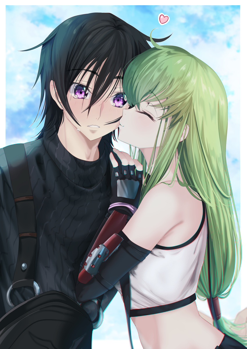 1boy, 1girl, ^_^, absurdres, bare_shoulders, black_gloves, black_hair, black_sweater