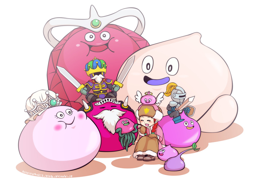 1girl, angel_slime, blue_footwear, blush, braid, brown_footwear, brown_headwear, brown_mittens