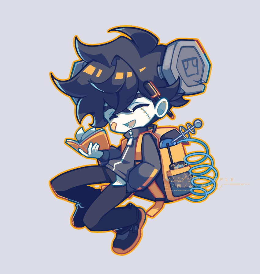 1boy, aerial, backpack, bag, bandaid, bandaid_on_face, black_footwear, black_hair
