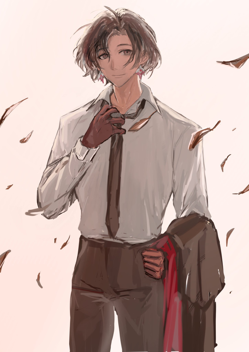 1boy, adjusting_clothes, adjusting_necktie, black_hair, black_necktie, black_pants, closed_mouth, collared_shirt
