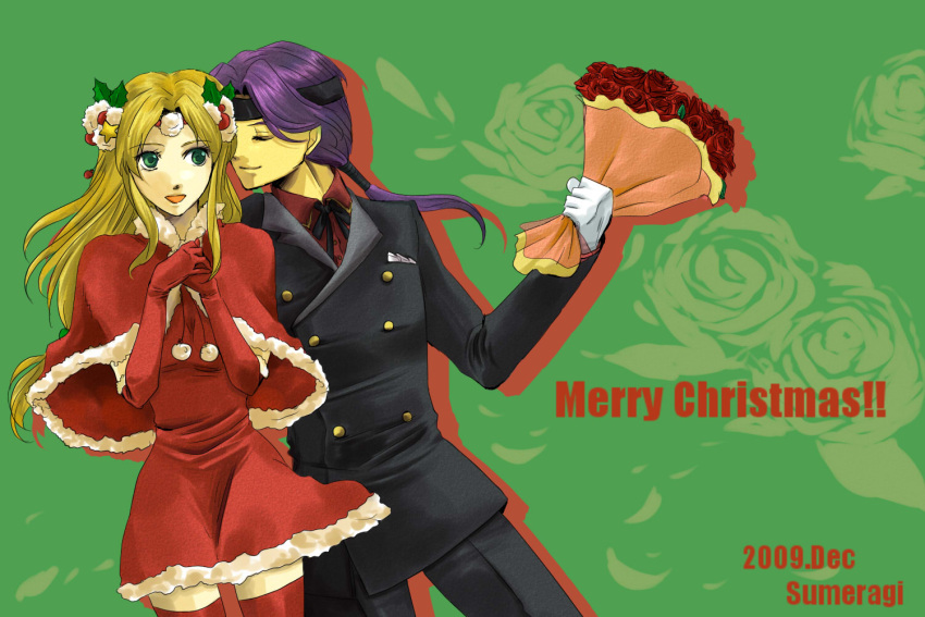 1girl, aqua_eyes, black_rose, blonde_hair, bouquet, christmas, couple, dress