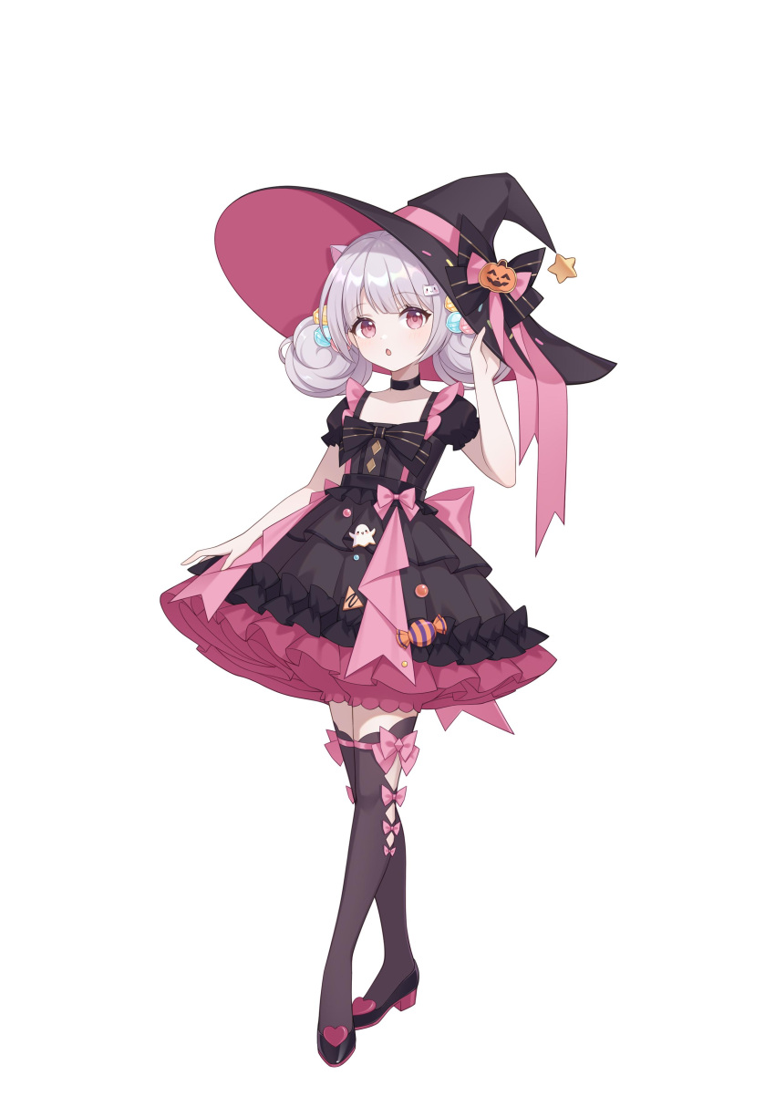 1girl, :o, absurdres, adjusting_clothes, adjusting_headwear, animal_ears, back_bow, bcy, black_bow, black_choker, black_dress, black_footwear, black_thighhighs, bow, bow_legwear, cat_ears, cat_hair_ornament, choker, collarbone, crossed_legs, dress, dress_bow, flat_chest, frilled_dress, frills, full_body, grey_hair, hair_ornament, hand_on_headwear, hands_up, hat, hat_bow, hat_ornament, highres, jack-o'-lantern_hat_ornament, layered_dress, legwear_cutout, lolita_fashion, lollipop_hair_ornament, looking_up, low_twintails, medium_hair, pink_bow, pink_dress, pink_shorts, puffy_short_sleeves, puffy_shorts, puffy_sleeves, red_eyes, ruan_miemie, short_dress, short_sleeves, shorts, shorts_under_dress, solo, star_(symbol), star_hat_ornament, thigh-highs, twintails, two-tone_dress, watson_cross, white_background, witch_hat, yuejiu