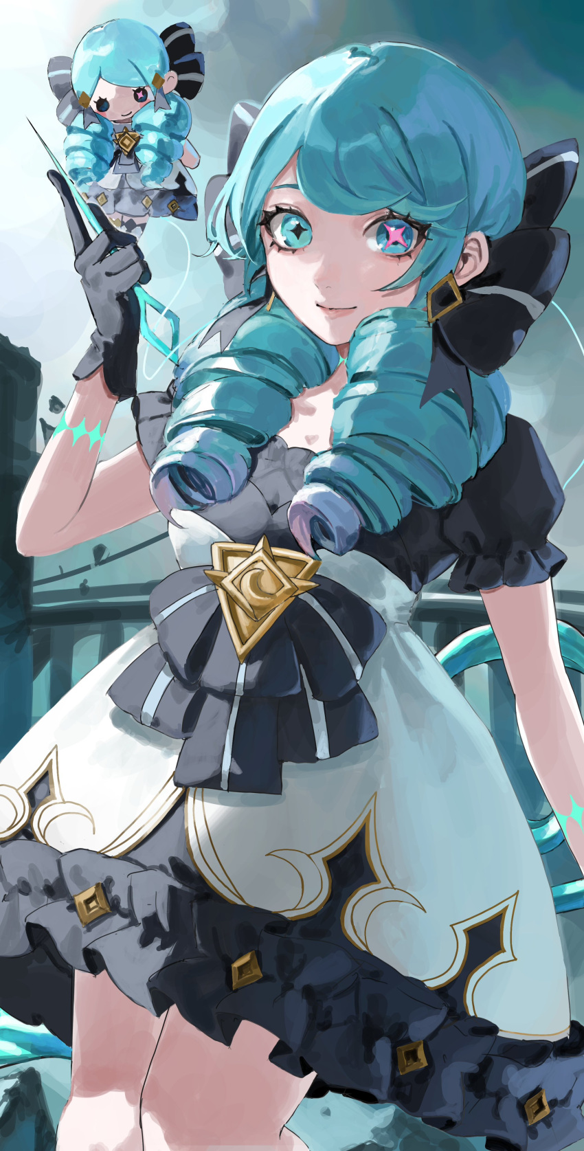 1girl, absurdres, black_bow, black_gloves, bow, character_doll, closed_mouth, dress