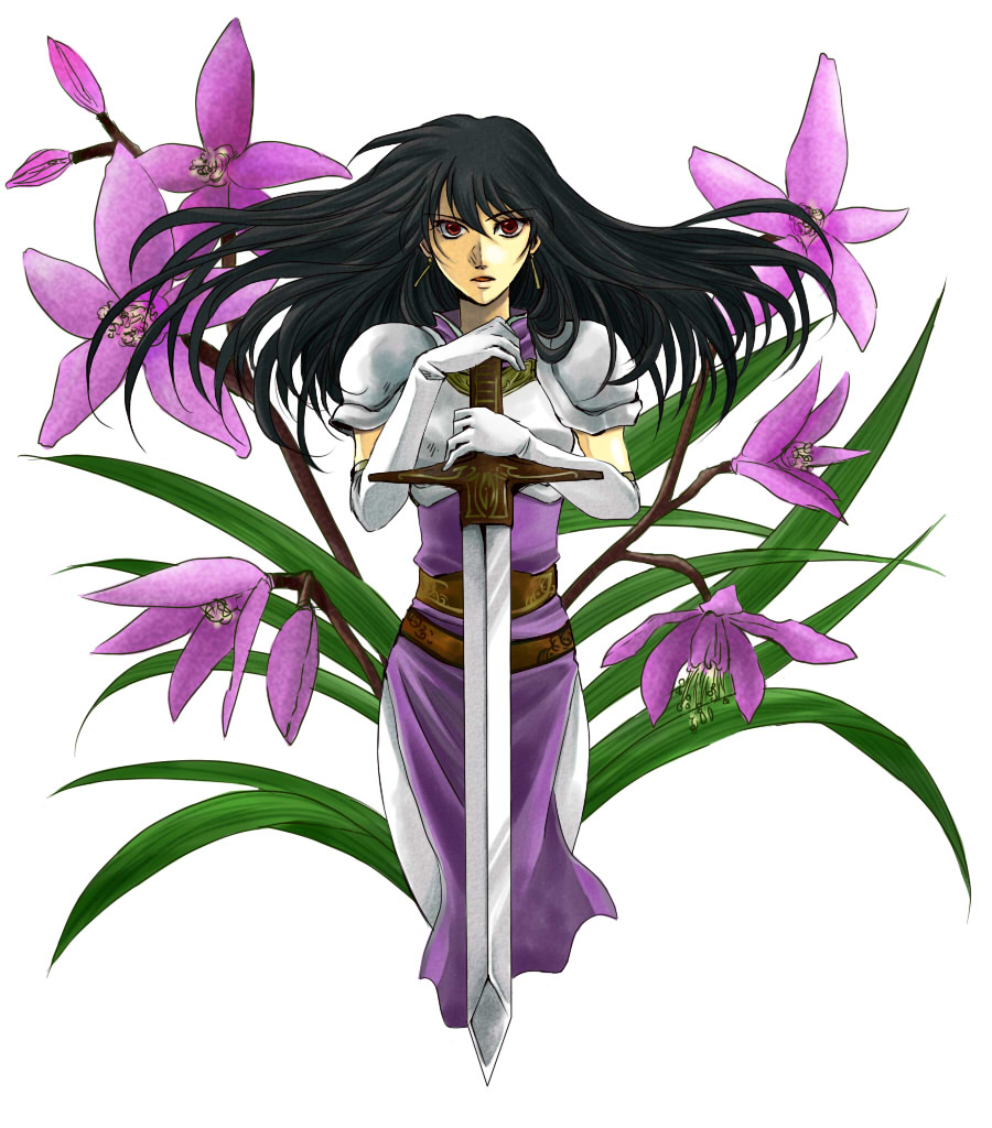 aira, armor, black_hair, black_rose, earrings, elbow_gloves, fire_emblem, fire_emblem:_seisen_no_keifu