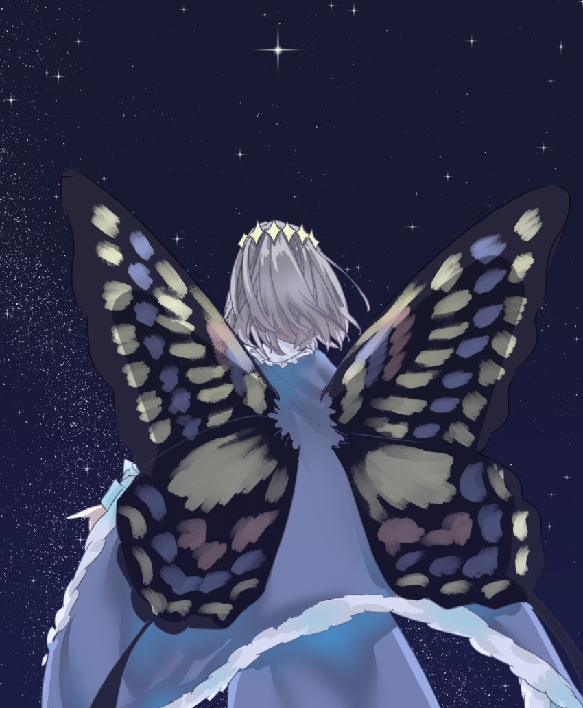 1boy, blue_cape, blue_robe, butterfly_wings, cape, diamond_hairband, facing_away, fate/grand_order