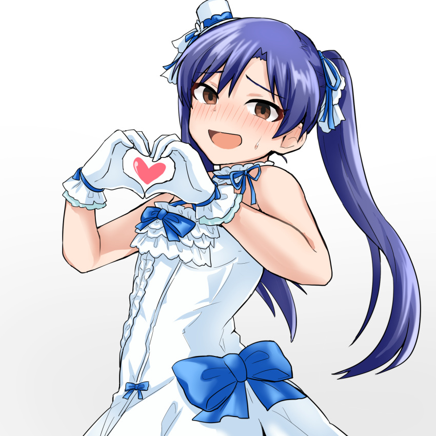 1girl, alternate_hairstyle, bare_shoulders, blue_hair, blue_ribbon, blush, bow, brown_eyes, choker, dot_nose, dress, flat_chest, frilled_choker, frilled_dress, frills, from_side, gloves, gradient_background, hair_bow, hair_ribbon, hands_up, hat, hat_ribbon, heart, heart_hands, highres, idolmaster, idolmaster_(classic), idolmaster_million_live!, idolmaster_million_live!_theater_days, kisaragi_chihaya, koubashiifuna, long_hair, looking_at_viewer, mini_hat, official_alternate_hairstyle, open_mouth, ribbon, ribbon-trimmed_clothes, ribbon_trim, shy, simple_background, sleeveless, sleeveless_dress, smile, solo, sweatdrop, twintails, upper_body, white_background, white_choker, white_gloves, white_ribbon