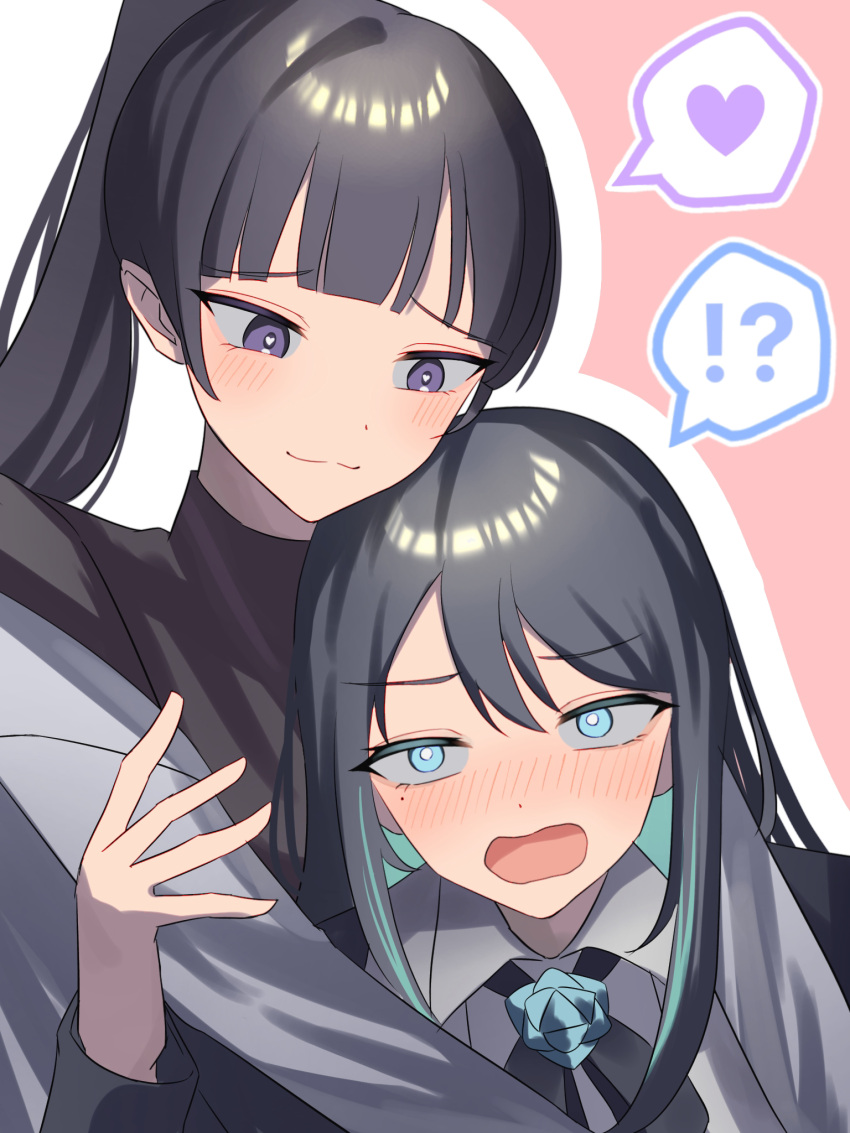 !?, 2girls, :3, ado_(singer), aqua_hair, black_bow, black_bowtie, black_hair, black_jacket, blue_eyes, blunt_bangs, blush, border, bow, bowtie, collared_shirt, colored_inner_hair, commentary_request, dual_persona, grey_shirt, hair_between_eyes, heart, heart-shaped_pupils, highres, hug, jacket, long_hair, looking_at_another, looking_at_viewer, mole, mole_under_eye, multicolored_hair, multiple_girls, naima_(usseewa), niconico, nose_blush, open_mouth, pink_background, ponytail, shirt, sidelocks, spoken_heart, spoken_interrobang, streaked_hair, symbol-shaped_pupils, tsukuno_tsuki, turtleneck, upper_body, usseewa, utaite_(singer), violet_eyes, white_background, white_border