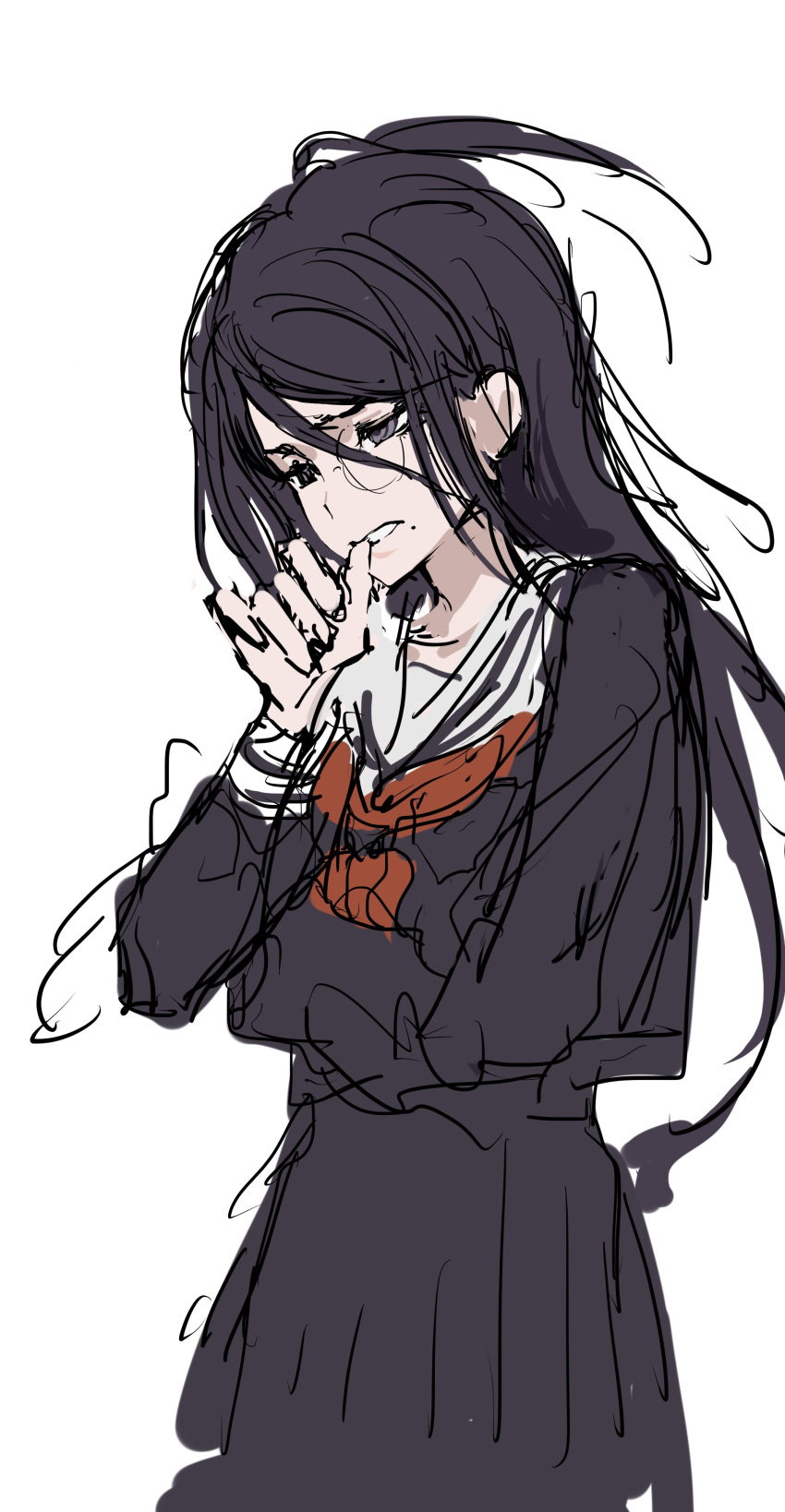 1girl, absurdres, black_hair, black_shirt, cowboy_shot, danganronpa:_trigger_happy_havoc, danganronpa_(series), fug_uai, fukawa_toko, glasses, hair_between_eyes, hand_to_own_mouth, hand_up, highres, long_hair, long_sleeves, neckerchief, pleated_skirt, red_neckerchief, round_eyewear, sailor_collar, shirt, simple_background, skirt, solo, unfinished, white_background, white_sailor_collar