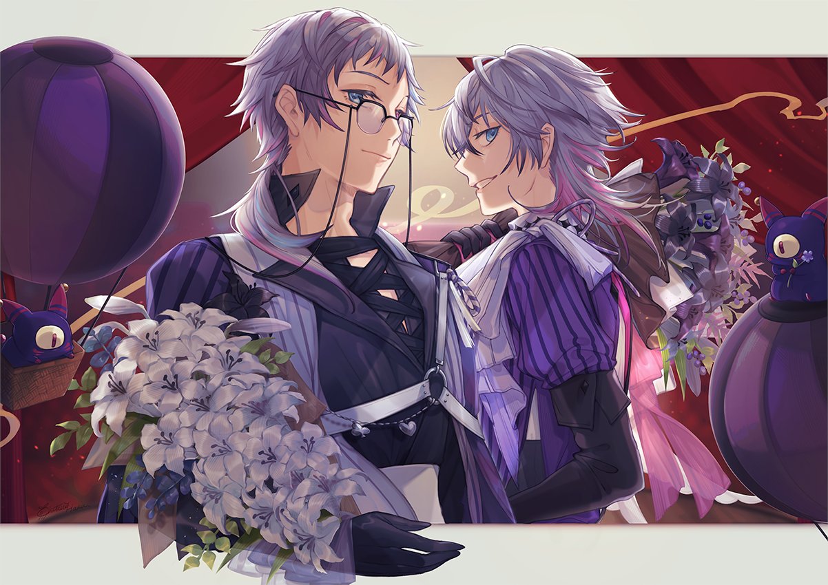 2boys, aircraft, bettel_2_(gavis_bettel), black_flower, black_gloves, black_shirt, blue_eyes, blue_hair