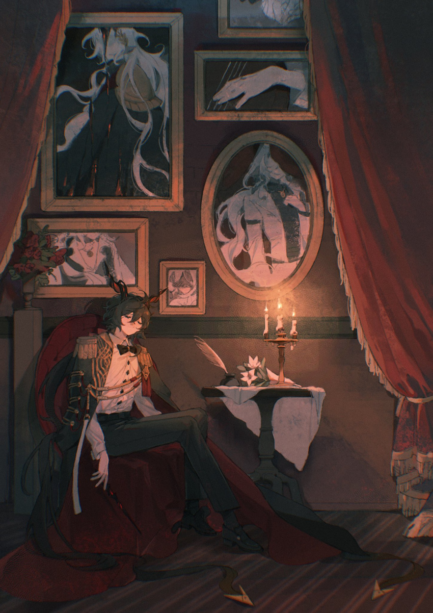 1boy, animal_ears, arknights, black_bow, black_bowtie, black_cape, black_footwear, black_hair, black_pants, black_socks, bouquet, bow, bowtie, buttons, candelabra, candle, candlelight, candlestand, cape, carpet, chair, closed_eyes, curtains, diamond_button, double-parted_bangs, ebenholz_(arknights), ebenholz_(eine_variation)_(arknights), epaulettes, flower, fringe_trim, full_body, goat_boy, goat_ears, goat_horns, hair_between_eyes, hair_ribbon, highres, holding, holding_wand, horns, indoors, ink_bottle, kreide_(arknights), loafers, long_hair, long_sleeves, low_ponytail, male_focus, moomsaw, no_mouth, pants, picture_frame, portrait_(object), quill, red_flower, red_ribbon, red_rose, ribbon, rose, shirt, shoes, sitting, socks, solo, table, two-sided_cape, two-sided_fabric, vase, very_long_hair, wand, white_flower, white_shirt
