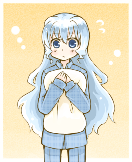blue_eyes, kazehukibue, nami_(aoi_shiro), pajamas, pillow, solo, white_hair