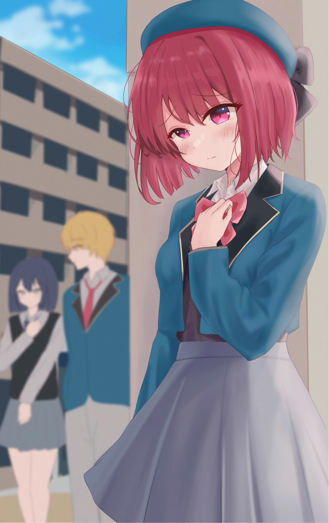 1boy, 2girls, arima_kana, beret, black_sweater_vest, black_vest, blazer, blonde_hair, blue_bow, blue_bowtie, blue_eyes, blue_hair, blue_headwear, blue_jacket, blurry, blurry_background, bob_cut, bow, bowtie, collared_shirt, cropped_jacket, grey_pants, grey_skirt, hat, hat_bow, highres, hoshino_aquamarine, inverted_bob, jacket, kurokawa_akane, matsu_bo_kuri, multiple_girls, necktie, oshi_no_ko, pants, pink_bow, pink_bowtie, red_eyes, red_necktie, redhead, school_uniform, shirt, skirt, sweater_vest, vest, youtou_high_school_uniform