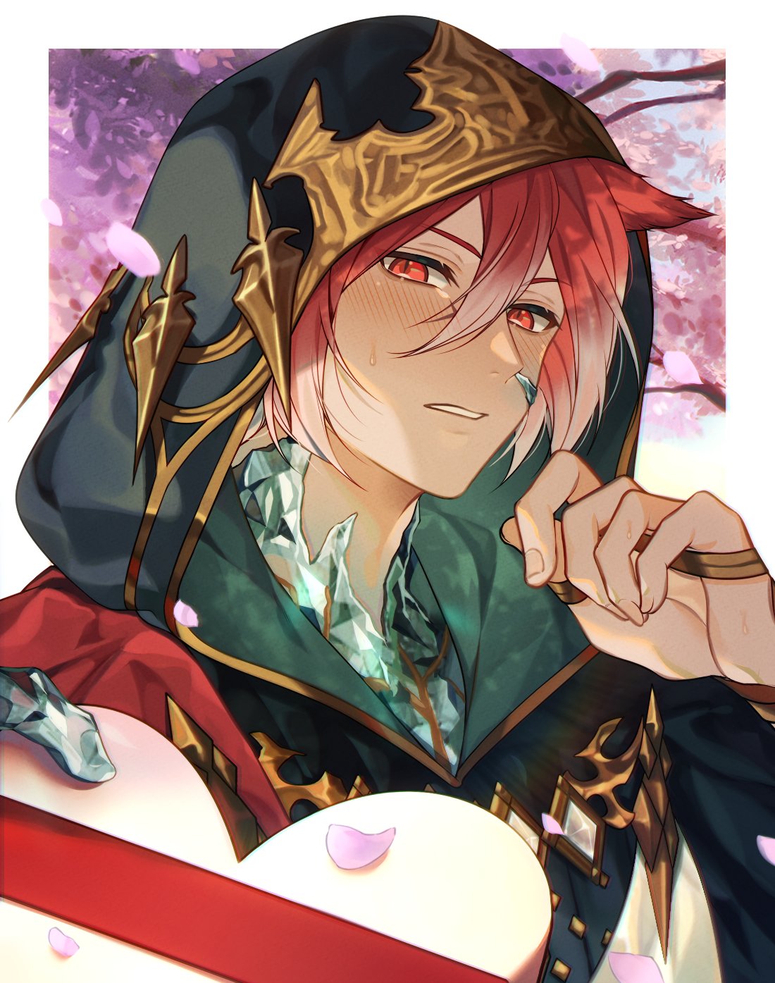 1boy, animal_ears, blush, border, box, cat_ears, cherry_blossoms, commentary, crystal_exarch, crystallization, dappled_sunlight, day, english_commentary, falling_petals, final_fantasy, final_fantasy_xiv, from_below, g'raha_tia, gift, gift_box, gradient_hair, hair_between_eyes, hand_up, heart-shaped_box, highres, holding, holding_gift, hood, hood_up, incoming_gift, looking_at_viewer, male_focus, miqo'te, multicolored_hair, outdoors, outside_border, parted_lips, petals, portrait, red_eyes, redhead, selloum, short_hair, shy, slit_pupils, solo, sunlight, tree, two-tone_hair, valentine, white_border, white_hair
