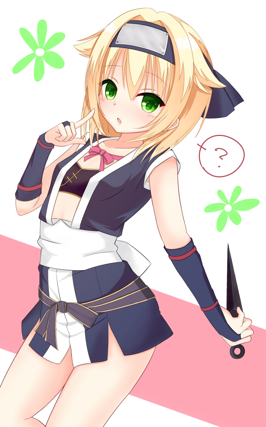 1girl, :o, ?, arm_at_side, blonde_hair, blue_gloves, blue_kimono, blush