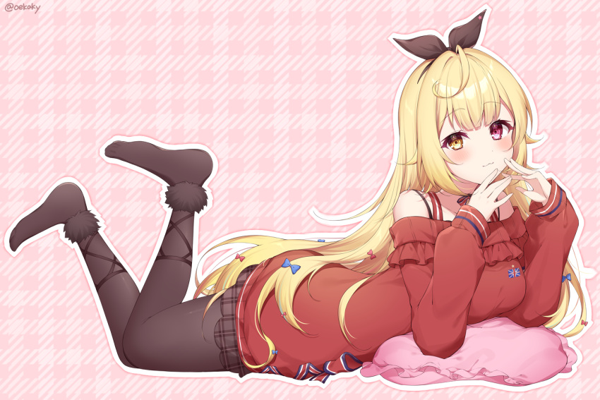 1girl, :3, ahoge, artist_name, bare_shoulders, black_hairband, black_ribbon, blonde_hair