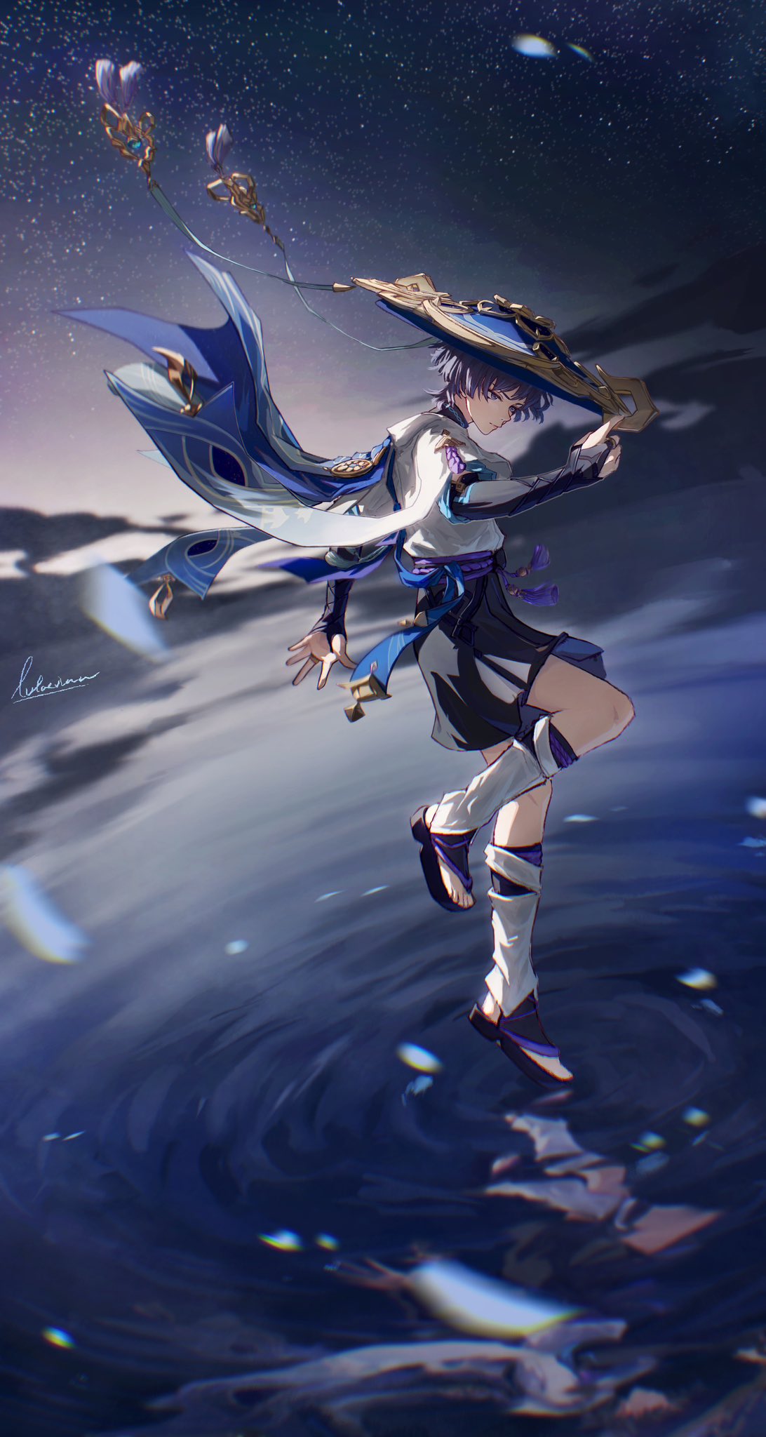 1boy, artist_name, black_footwear, black_hair, black_shorts, blue_cape, blue_headwear, blunt_ends