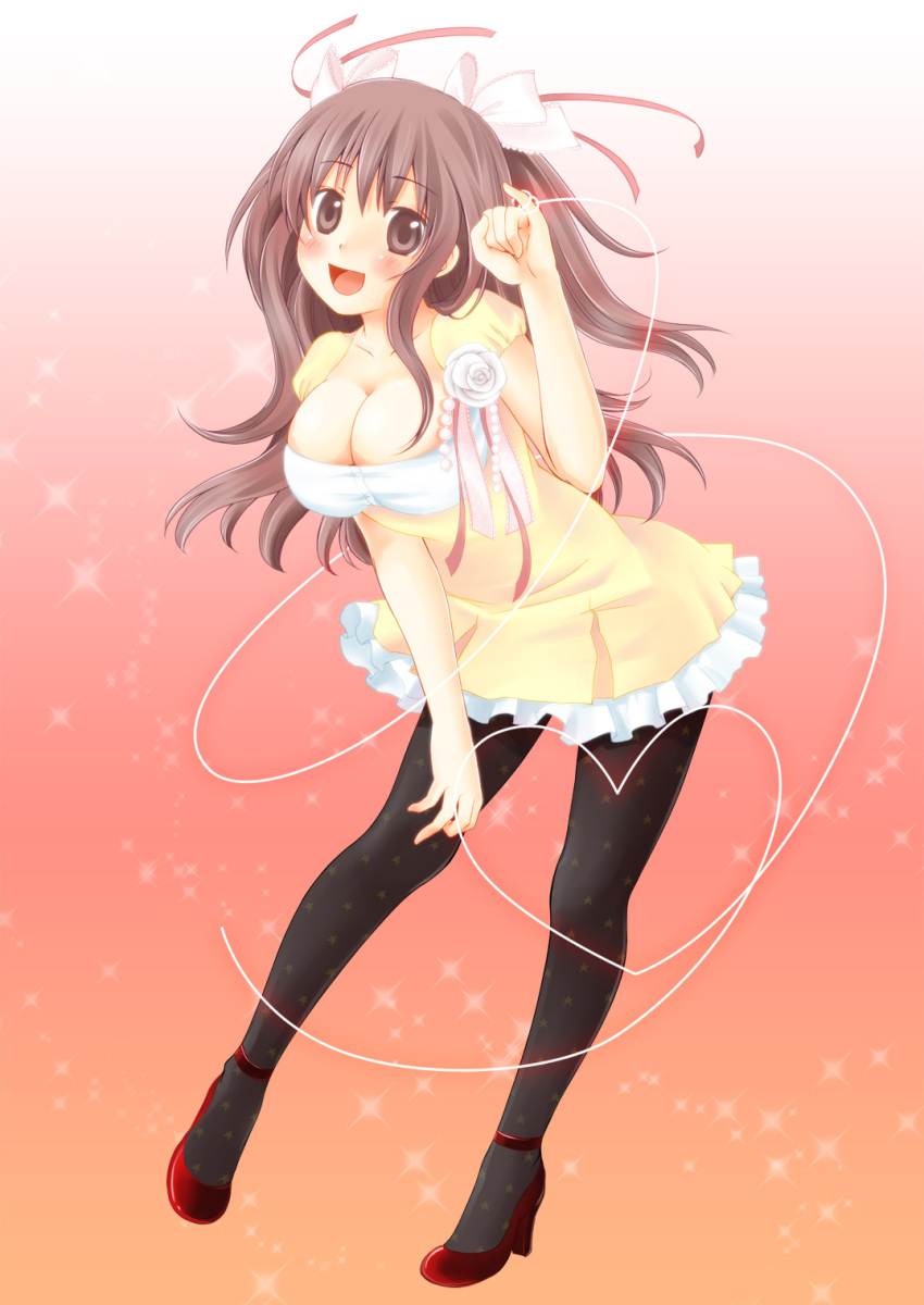 ahira_yuzu, bad_id, blush, breasts, brown_eyes, brown_hair, cleavage, dress