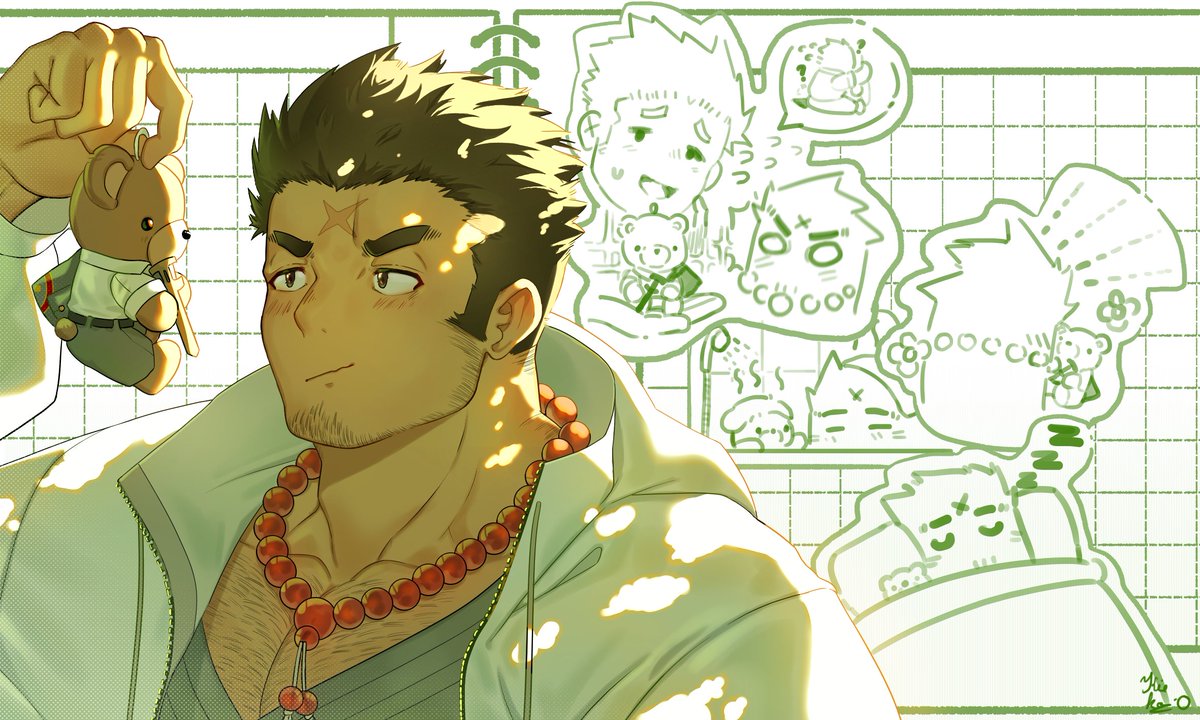 bead_necklace, beads, blush, body_hair, green_background, houzouin_oniwaka, jewelry, kiekoio