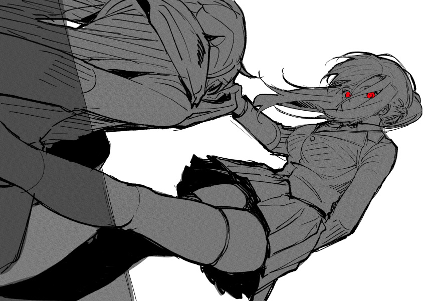 1boy, 1girl, absurdres, arm_behind_back, blazer, braid, chidouin_sara, dutch_angle