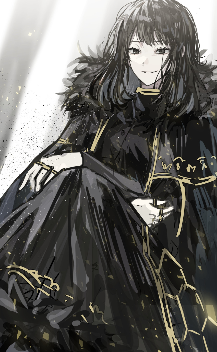 1girl, absurdres, black_cape, black_dress, black_eyes, black_hair, cape, dress