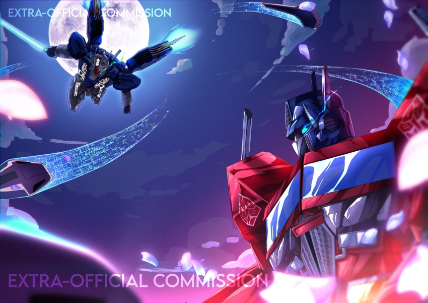 autobot, beam_saber, clouds, commission, english_commentary, funnels_(gundam), glowing, glowing_eye