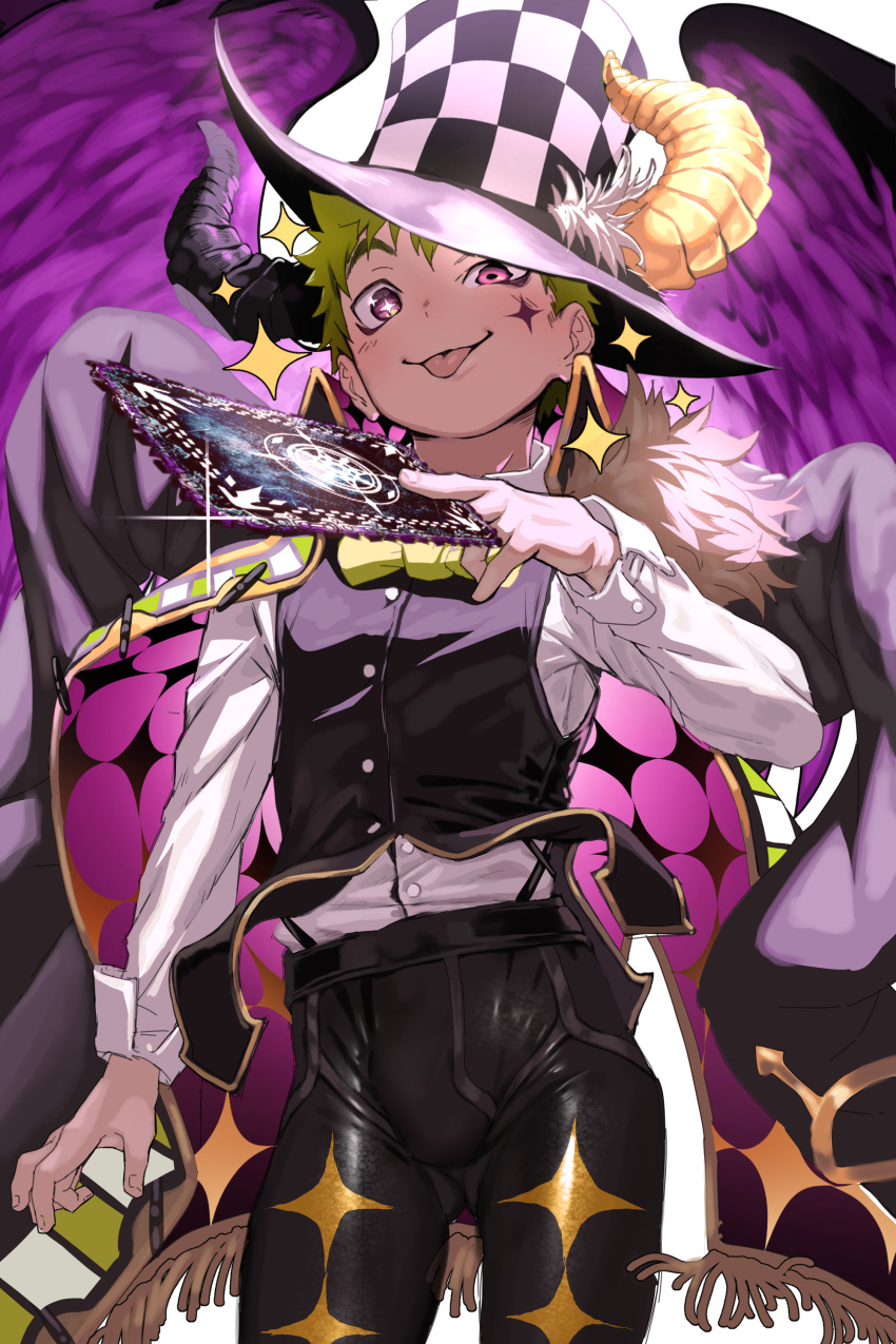 1boy, absurdres, black_jacket, black_pants, black_vest, card, character_request, crave_saga