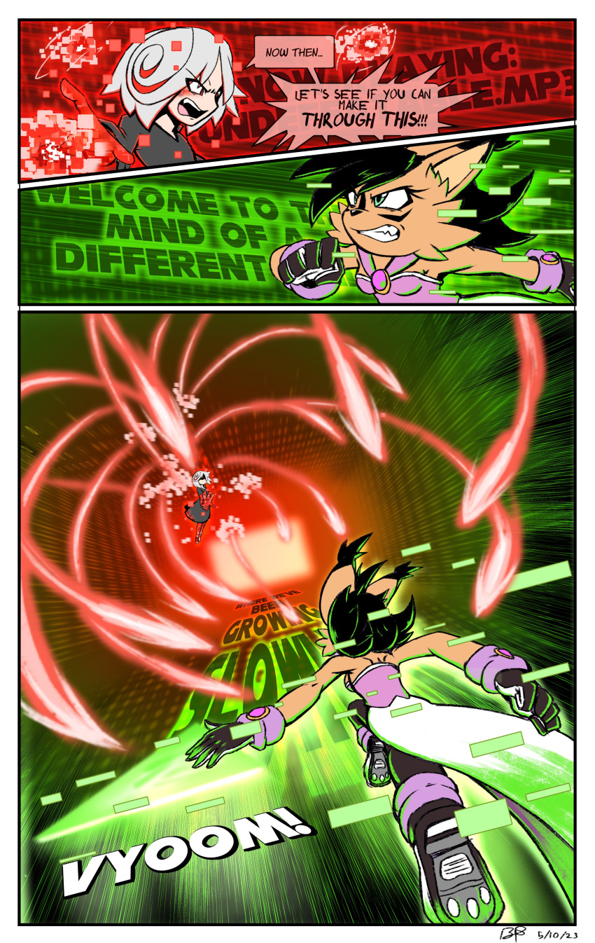 2girls, absurdres, animal_ears, animal_nose, b1uewhirlwind, battle, black_dress, black_hair