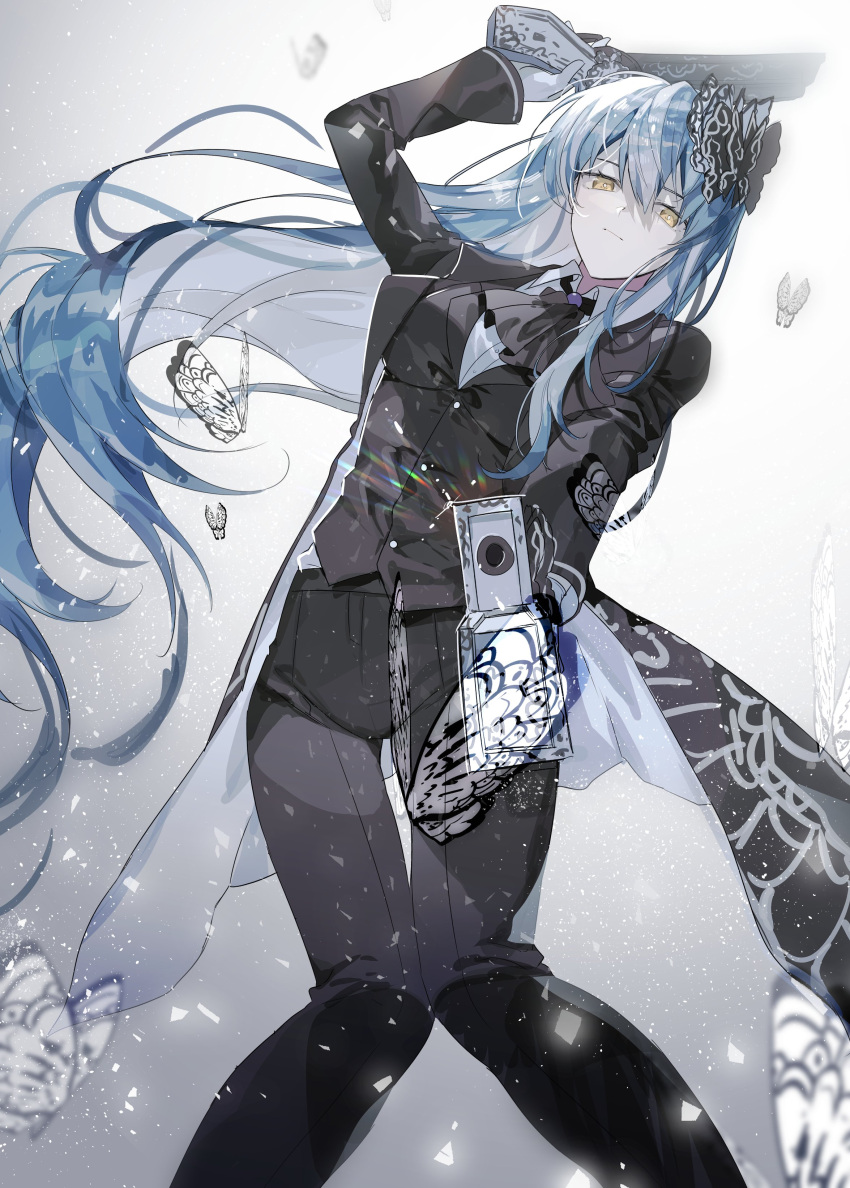 1girl, absurdres, angela_(project_moon), animal_print, arm_up, black_coat, black_pants, black_vest