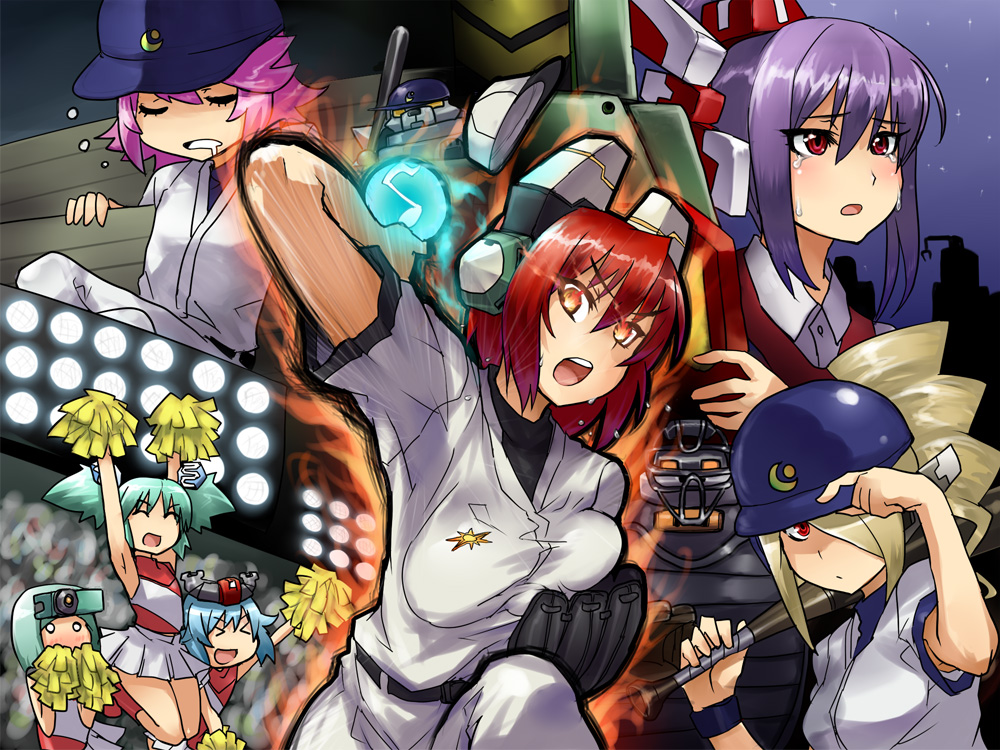 >_<, 6+girls, baseball, bat, battle_aura, blue_hair, blush, c.s.