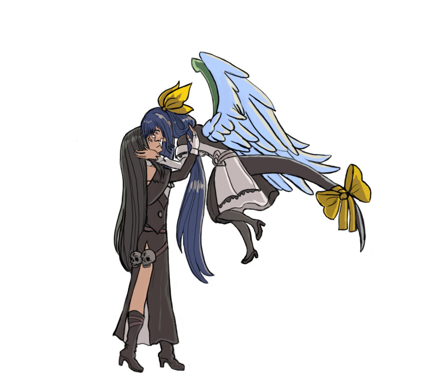 1girl, 1other, black_hair, blue_hair, boots, couple, couple_in_love, dizzy, dizzy_(guilty_gear), flying, guilty_gear, guilty_gear_strive, hair_ribbon, hand_on_another&amp;#039;s_face, happy, imminent_kiss, long_hair, looking_at_another, red_eyes, ribbon, skull, smile, tail, tail_ornament, tesdizzy, testament_(guilty_gear), twintails, white_dress, wings