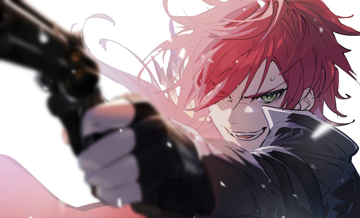 1boy, :d, aiming, black_gloves, black_jacket, fingerless_gloves, fumiko_(throughx2), gloves