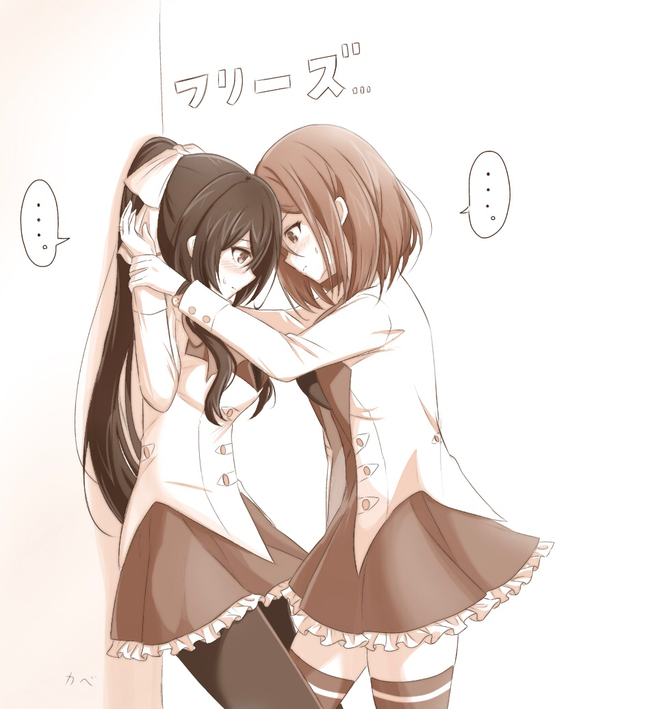 ..., 2girls, against_wall, arm_up, assault_lily, averting_eyes, blush, bow