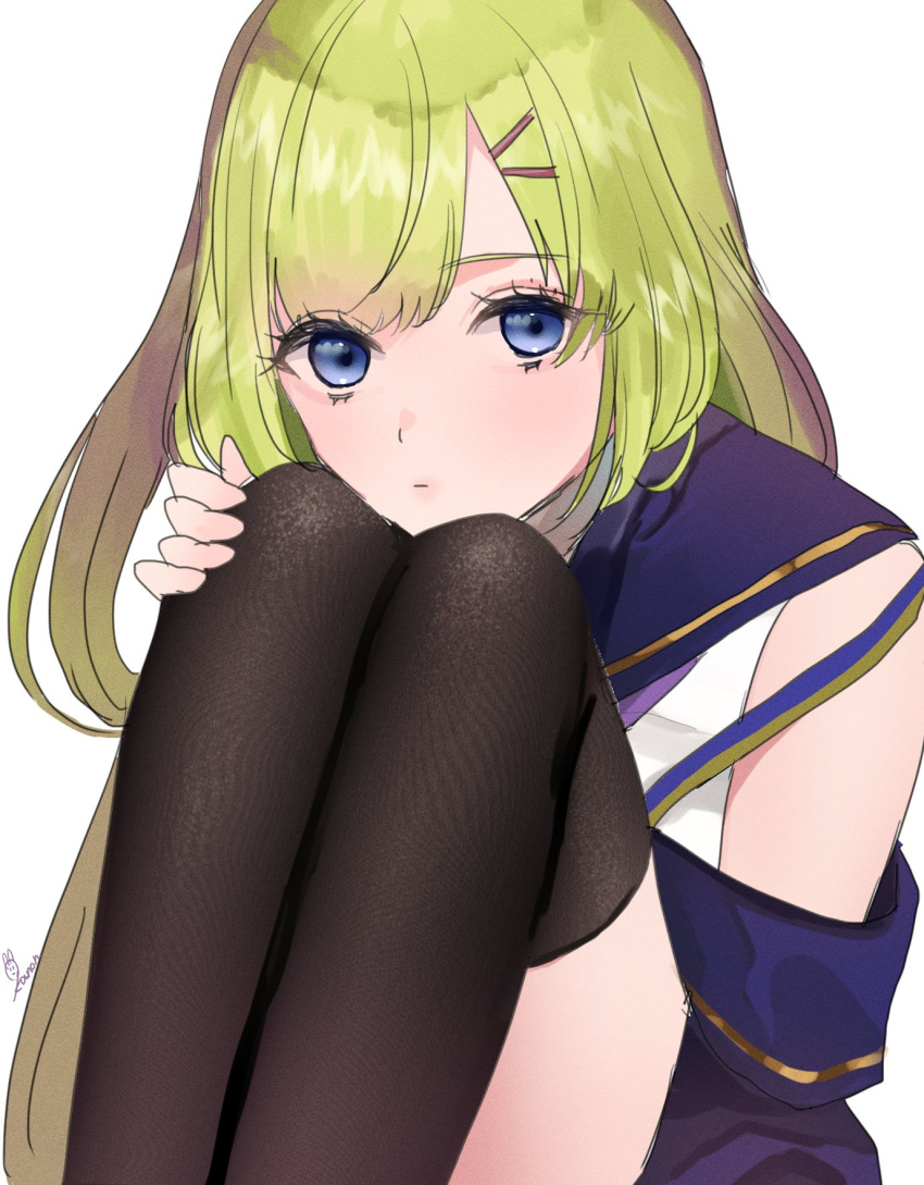 1girl, arm_at_side, artist_name, assault_lily, black_thighhighs, blue_eyes, blue_jacket, blue_sailor_collar