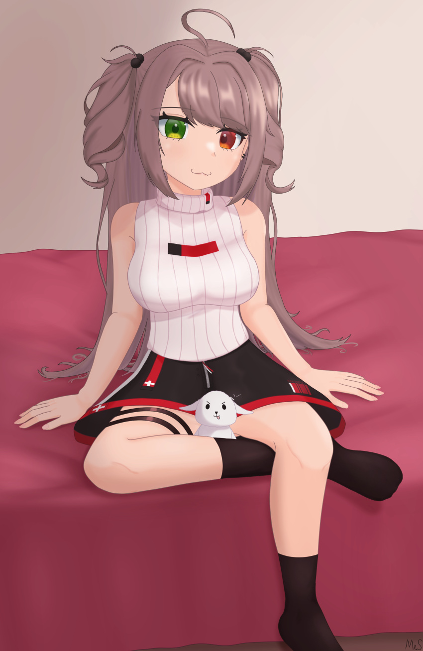 1girl, :3, absurdres, arm_support, breasts, brown_hair, convenient_censoring, girls_frontline, green_eyes, heterochromia, highres, leg_belt, long_hair, looking_at_viewer, mr.something, on_bed, red_eyes, sitting, skirt, smile, ssg3000_(girls'_frontline), stuffed_toy