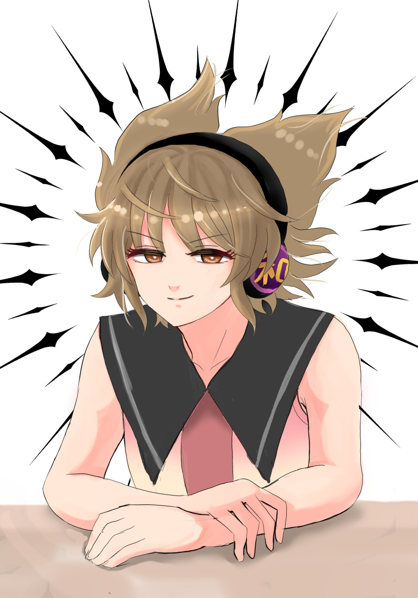 1girl, absurdres, bare_arms, bare_shoulders, brown_eyes, brown_hair, closed_mouth, commentary_request