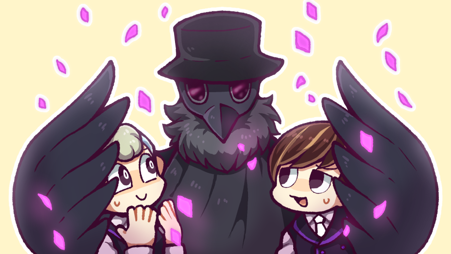 2boys, black_vest, black_wings, blonde_hair, brown_hair, closed_mouth, collared_shirt, commentary_request