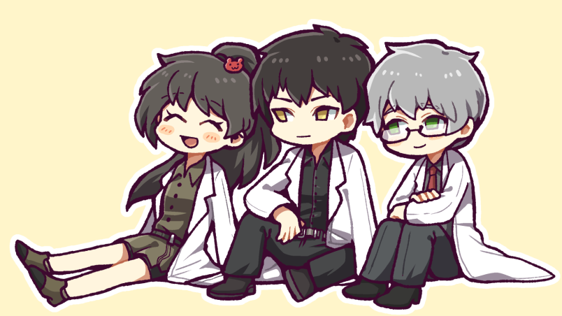 1girl, 2boys, ayin_(project_moon), bear_hair_ornament, benjamin_(project_moon), black_hair, black_pants, black_shirt