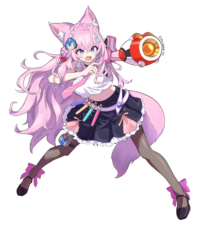 1girl, absurdres, animal_ears, ankle_bow, antenna_hair, arm_cannon, artist_name, belt